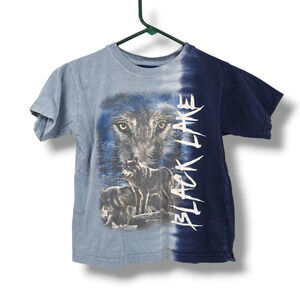 Kid U Not Vintage Youth‎ Tie Dye Wolf Graphic Black Lake T-Shirt Blue Size Small